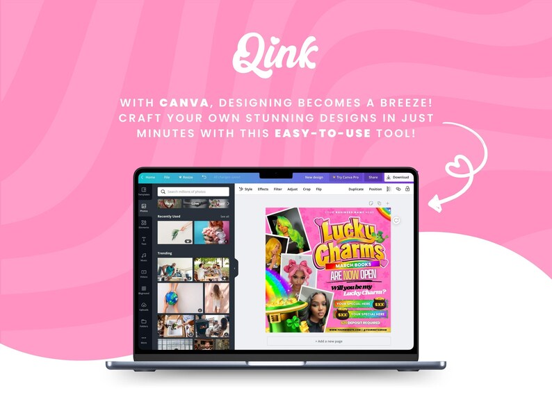 May include: A laptop screen showing the Canva design platform with a colourful flyer for a "Lucky Charms" event. The flyer features a rainbow, a green shamrock, and the text "March Books Are Now Open".