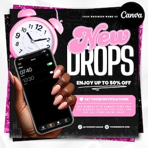 Pode incluir: Um despertador rosa e um smartphone com alarmes às 07:40 e 10:30 são apresentados. As palavras "New Drops" estão em rosa, com o texto "Enjoy up to 50% off".