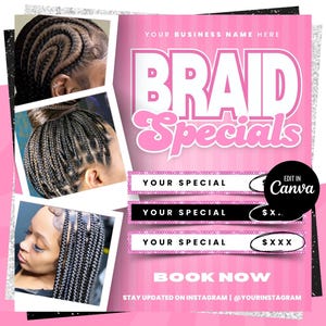 Flyer especial de tranças, Flyer de tranças sem nós, Flyer de tranças, Flyer de reserva de tranças, Flyer de cabelo, Flyer de mechas, Ofertas de tranças, Agendamento de tranças