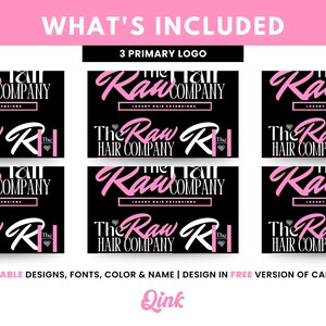 Pu&ograve; includere: Grafica con sei loghi neri con testo rosa che recita "The Raw Hair Company" e "Luxury Hair Extensions". Il testo "What's Included" e "3 Primary Logo" &egrave; in alto. Il testo in basso dice "Editable Designs, Fonts, Color & Name | Design in Free Version of Canva."