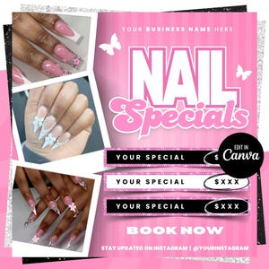 以下が含まれることがあります： ピンクと白のネイルサロンの広告で、マニキュアされた爪の画像と「NAIL Specials」と「BOOK NOW」のテキストが書かれています。