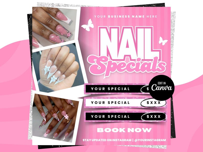 Puede incluir: Anuncio de sal&oacute;n de manicura rosa y blanco con im&aacute;genes de u&ntilde;as manicuradas y el texto "NAIL Specials" y "BOOK NOW".