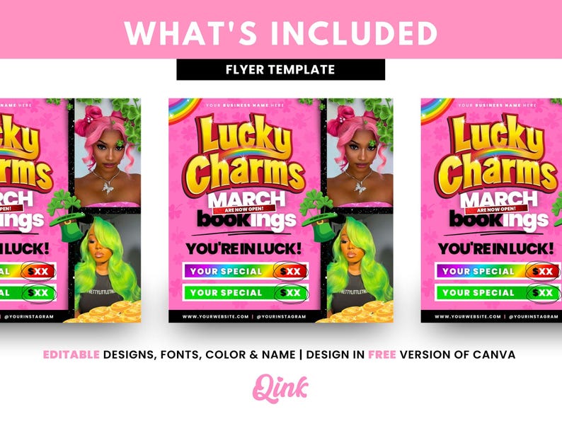 May include: A pink flyer template with the text "Lucky Charms" and "March Bookings Are Now Open!"  The flyer also includes the text "You're in Luck!" and has a space for a business name, website, and Instagram handle.
