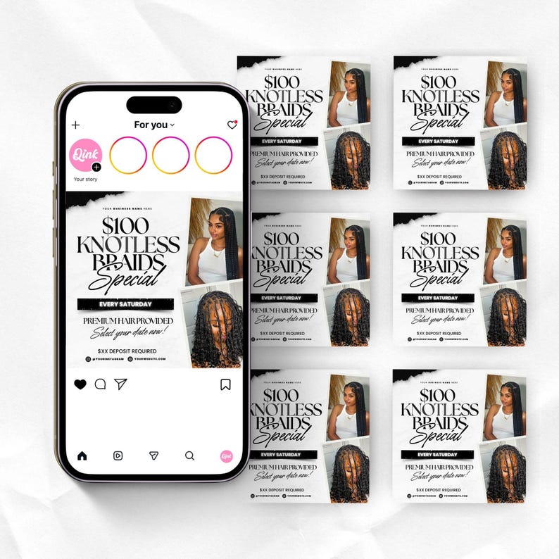May include: A smartphone displays an Instagram post promoting a knotless braids special. The post features images of women with braided hairstyles and text that reads "$100 Knotless Braids Special Every Saturday." Additional promotional graphics are also visible.