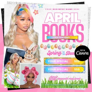 April Booking Flyer, Spring Booking Flyer, Easter Flyer, April Hair, Spring Books Open, April Book Now, April Lashes Nails Braid Wig Flyer