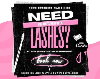 Può includere: Grafica nera e rosa con il testo "NEED LASHES?" in bianco. Il testo "BOOKINGS NOW OPEN!" è in rosa. Il testo "ALL SETS ARE 15% OFF THIS MONTH BABES!" è in bianco. Il testo "book now" è in bianco con un contorno rosa. Il testo "EDIT IN Canva" è in bianco con un contorno nero. Il testo "BOOK ONLINE WWW.YOURWEBSITE.COM" è in bianco.