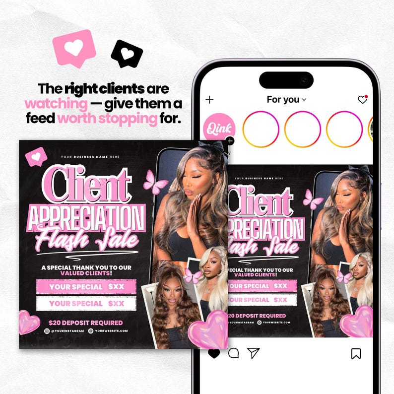 May include: A promotional graphic for a client appreciation flash sale, featuring a black background with pink text and accents. The design includes images of women with long hair, butterflies, and social media icons. The text reads "Client Appreciation Flash Sale".