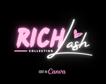 May include: Pink and white logo with the text "RICH/lash" and "COLLECTION" in a handwritten style. The logo also includes a small pink heart. The text "EDIT IN Canva" is at the bottom of the image.
