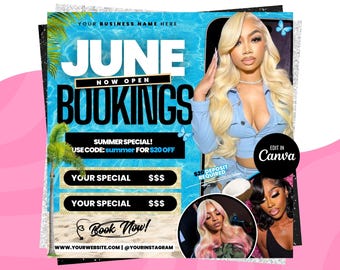 June Booking Flyer, Summer Booking Flyer, June Books Open, June Summer Hair Flyer, June Nails Flyer, June Lashes Flyer, June Makeup Flyer