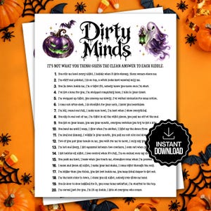 May include: A white paper game sheet titled Dirty Minds featuring a purple jack-o'-lantern, a ghost holding a lantern, and twenty numbered Halloween-themed riddles. A black circular badge with a white download icon and text reads Instant Download.