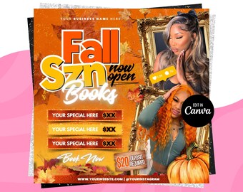 Fall Season Booking Flyer, Fall Szn Sale, September Booking Flyer, Fall Season Lash Nails Braids MUA Autumn Flyer, Fall Wig Install Flyer