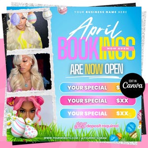 April Booking Flyer, Spring Booking Flyer, Easter Flyer, April Hair, Spring Books Open, April Book Now, April Lashes Nails Braid Wig Flyer