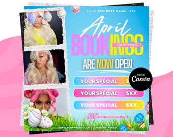 April Booking Flyer, Spring Booking Flyer, Easter Flyer, April Hair, Spring Books Open, April Book Now, April Lashes Nails Braid Wig Flyer