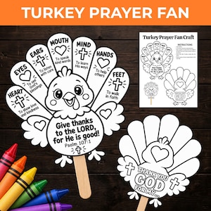 May include: A black and white turkey prayer fan craft kit featuring a turkey with feathers labeled with body parts and religious phrases. The turkey body reads Give thanks to the LORD, for He is good! Psalm 107:1. Includes crayons and instructions.