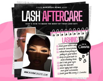 Peut inclure: Un graphique noir et blanc avec le texte "LASH AFTERCARE" en lettres roses. Le graphique comprend une liste de conseils pour l'entretien des cils, notamment "nettoyer vos cils quotidiennement", "éviter les produits à base d'huile" et "prendre rendez-vous pour vos remplissages toutes les 2 à 3 semaines". Le graphique comprend également une photo d'une femme avec de longs cils.