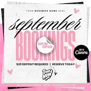 September Booking Flyer, September Bookings Open, Fall Booking Flyer, September Book Now Flyer Template, Hair Braids Nails Lash Wigs Makeup
