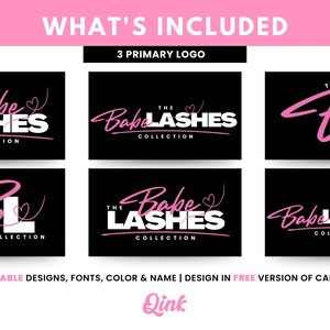 May include: A set of 3 logo designs for a lash business called "Babe Lashes Collection". The logos feature a pink heart and the text "Babe Lashes Collection" in different styles. The logos are editable in Canva.