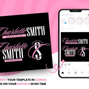 K&ouml;nnte beinhalten: Eine schwarze und rosafarbene Instagram-Post-Vorlage mit dem Text "Charlotte SMITH MAKEUP ARTIST" und einem stilisierten rosa "C" f&uuml;r die sozialen Medien eines Make-up-K&uuml;nstlers.