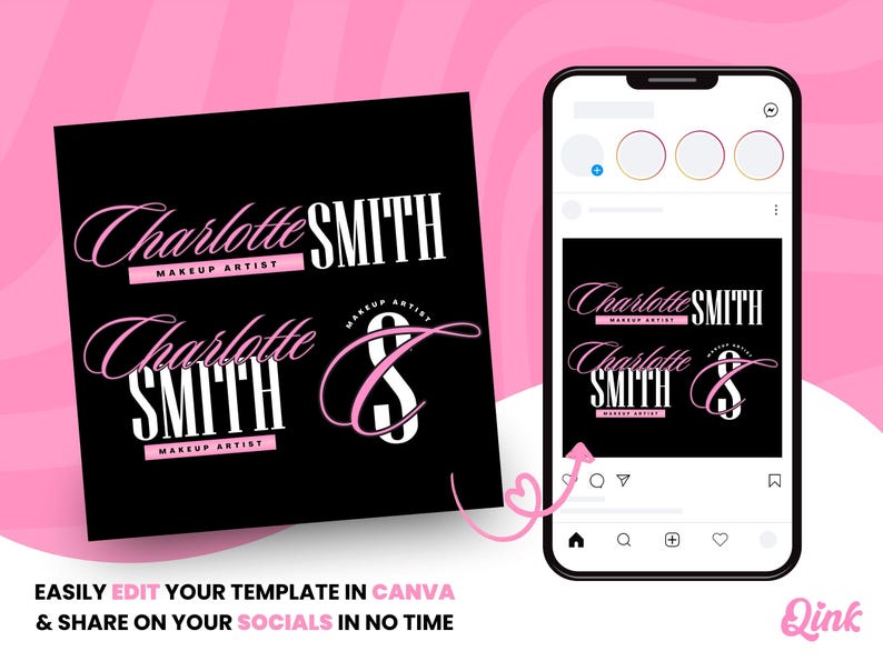 K&ouml;nnte beinhalten: Eine schwarze und rosafarbene Instagram-Post-Vorlage mit dem Text "Charlotte SMITH MAKEUP ARTIST" und einem stilisierten rosa "C" f&uuml;r die sozialen Medien eines Make-up-K&uuml;nstlers.