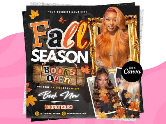 Fall Season Booking Flyer, Fall Szn Sale, September Booking Flyer, Fall Season Lash Nails Braids MUA Autumn Flyer, Fall Wig Install Flyer