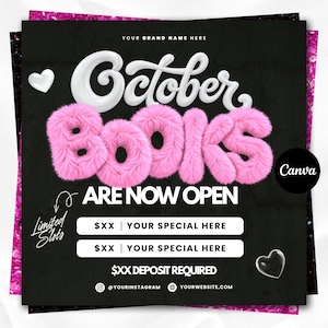 Mall för bokningsflyer för oktober, bokningsflyer för Halloween, Canva-mall för tidsbokning för hårfransar och naglar, flygblad för Halloween-evenemang, flygblad för rea