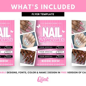 Puede incluir: Plantilla de folleto rosa para ofertas especiales de u&ntilde;as con el texto "Nail Specials" en fuente rosa y blanca. El folleto tiene un fondo rosa con mariposas blancas e im&aacute;genes de u&ntilde;as manicuradas. El folleto tambi&eacute;n incluye el texto "Your Business Name Here", "Your Special", "Book Now" y "Stay Updated on Instagram @YourInstagram".