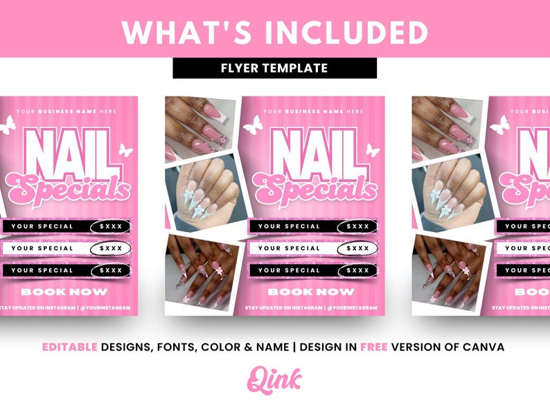 Puede incluir: Plantilla de folleto rosa para ofertas especiales de u&ntilde;as con el texto "Nail Specials" en fuente rosa y blanca. El folleto tiene un fondo rosa con mariposas blancas e im&aacute;genes de u&ntilde;as manicuradas. El folleto tambi&eacute;n incluye el texto "Your Business Name Here", "Your Special", "Book Now" y "Stay Updated on Instagram @YourInstagram".