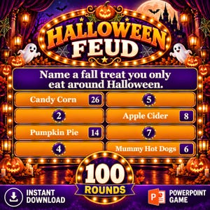 May include: A Halloween Feud game board featuring a purple header with the text Name a fall treat you only eat around Halloween. The board displays orange answer slots with scores for Candy Corn, Apple Cider, Pumpkin Pie, and Mummy Hot Dogs.