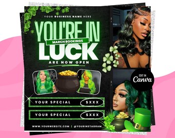 Boekingsflyer maart, St.Patricks Day-flyer, maart Books, March Madness-flyer, maart Boek nu, maart Hair, March Lashes Nails Braid MUA-flyer
