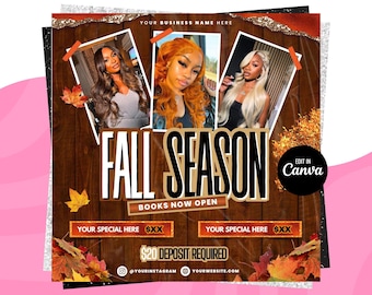 Fall Season Booking Flyer, Fall Szn Sale, September Booking Flyer, Fall Season Lash Nails Braids MUA Autumn Flyer, Fall Wig Install Flyer