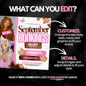 May include: A digital marketing flyer template for September bookings featuring autumn leaves, a wooden sign, and placeholders for business name, services, and social media. The design includes text prompts for customization and editing in Canva.