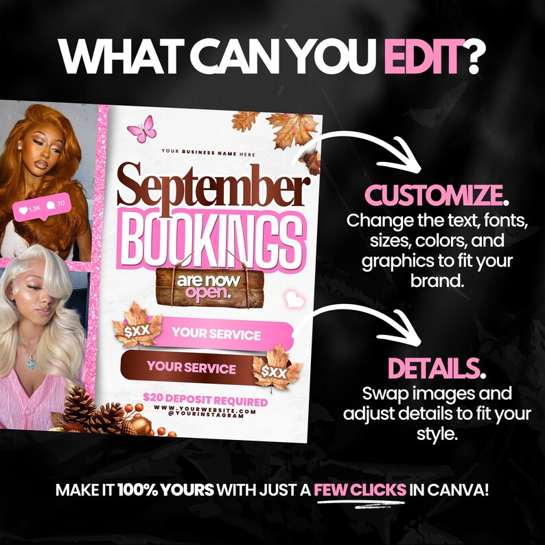 May include: A digital marketing flyer template for September bookings featuring autumn leaves, a wooden sign, and placeholders for business name, services, and social media. The design includes text prompts for customization and editing in Canva.