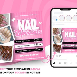 Puede incluir: Plantilla de publicaci&oacute;n de Instagram rosa y blanca para un sal&oacute;n de manicura con el texto "Nail Specials" e im&aacute;genes de u&ntilde;as manicuradas. La plantilla incluye espacio para el nombre del sal&oacute;n, ofertas especiales y una llamada a la acci&oacute;n para reservar ahora.