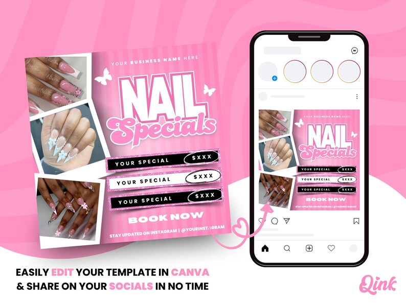 Puede incluir: Plantilla de publicaci&oacute;n de Instagram rosa y blanca para un sal&oacute;n de manicura con el texto "Nail Specials" e im&aacute;genes de u&ntilde;as manicuradas. La plantilla incluye espacio para el nombre del sal&oacute;n, ofertas especiales y una llamada a la acci&oacute;n para reservar ahora.
