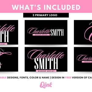 K&ouml;nnte beinhalten: Drei verschiedene Logo-Designs f&uuml;r eine Make-up-K&uuml;nstlerin namens Charlotte Smith. Die Logos sind in einem rosa und wei&szlig;en Farbschema gehalten und enthalten den Text "Charlotte Smith Makeup Artist".