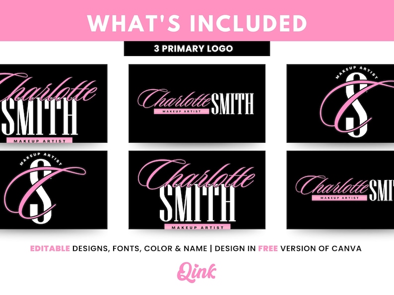 K&ouml;nnte beinhalten: Drei verschiedene Logo-Designs f&uuml;r eine Make-up-K&uuml;nstlerin namens Charlotte Smith. Die Logos sind in einem rosa und wei&szlig;en Farbschema gehalten und enthalten den Text "Charlotte Smith Makeup Artist".