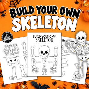 Puede incluir: Un conjunto de actividades imprimibles titulado BUILD YOUR OWN SKELETON que presenta dibujos de líneas en blanco y negro de partes de un esqueleto, incluyendo un cráneo, torso, brazos y piernas, junto con accesorios como un sombrero de bruja.