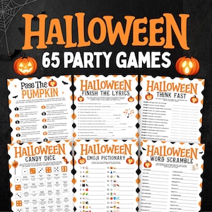 May include: A collection of six printable Halloween party game sheets featuring orange and black text and graphics. The games include Pass The Pumpkin, Finish The Lyrics, Think Fast, Candy Dice, Emoji Pictionary, and Word Scramble.