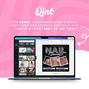 May include: A laptop computer screen displaying a Canva design template for a nail salon advertisement. The design features a black background with the text "NAIL Specials" in white with sparkly accents. Three photos of manicured hands are displayed below the text.