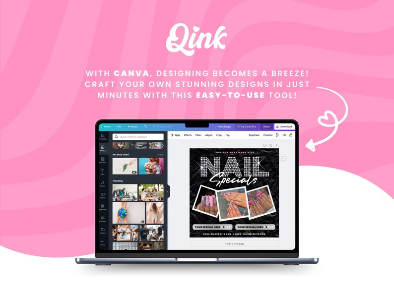 May include: A laptop computer screen displaying a Canva design template for a nail salon advertisement. The design features a black background with the text "NAIL Specials" in white with sparkly accents. Three photos of manicured hands are displayed below the text.