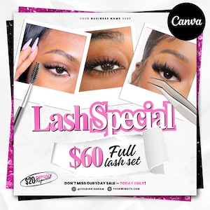 Puede incluir: Imagen promocional para una oferta especial de pestañas. Presenta tres fotos en primer plano de ojos con largas pestañas. El texto "Lash Special" es en rosa, junto con el precio de $60 por un juego completo de pestañas. Se incluye texto adicional.