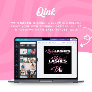 May include: A laptop screen displaying a Canva design template with the text "Babe Lashes Collection" in pink and white lettering on a black background.