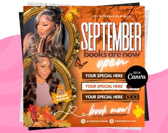 September Booking Flyer, Fall Season Booking Flyer, September Books Open, September Lash Nails Braids MUA Wig Autumn Flyer, Fall Szn Sale