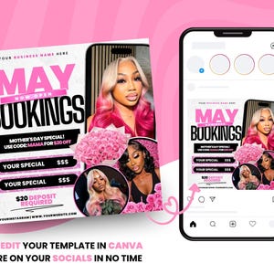 May include: Pink and white flyer with the text "MAY BOOKINGS NOW OPEN" and a photo of a woman with long pink hair. The flyer also includes the text "MOTHER'S DAY SPECIAL! USE CODE: MAMA FOR $20 OFF" and "$20 DEPOSIT REQUIRED".