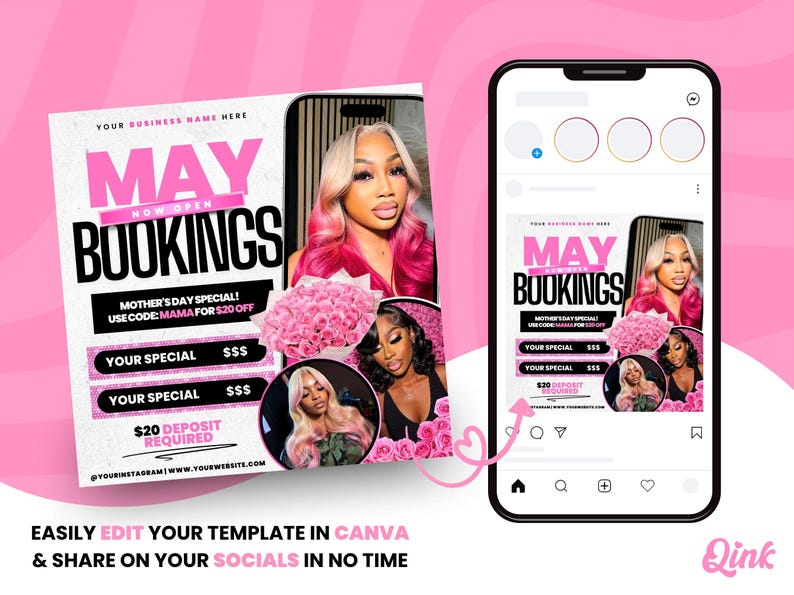 May include: Pink and white flyer with the text "MAY BOOKINGS NOW OPEN" and a photo of a woman with long pink hair. The flyer also includes the text "MOTHER'S DAY SPECIAL! USE CODE: MAMA FOR $20 OFF" and "$20 DEPOSIT REQUIRED".