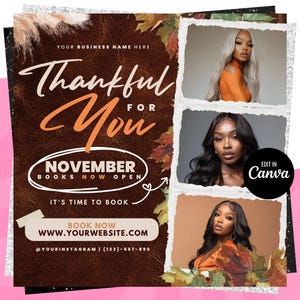 Könnte beinhalten: Ein brauner Lederhintergrund mit Herbstblättern und einem weißen Textüberlagerung, die "Thankful for You" sagt. Ein weißer Kreis mit schwarzem Text sagt "November Books Now Open". Unter dem Kreis steht der Text "It's Time to Book". Darunter befindet sich eine Website-Adresse und ein Social-Media-Handle. Das Bild enthält auch drei Fotos von Frauen mit langen Haaren.