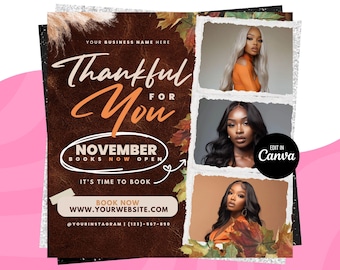 November Booking Flyer, November Books Are Open, November Hair Flyer, November Book Now, Thanksgiving Wig Flyer, Fall Flyer, Fall Bookings