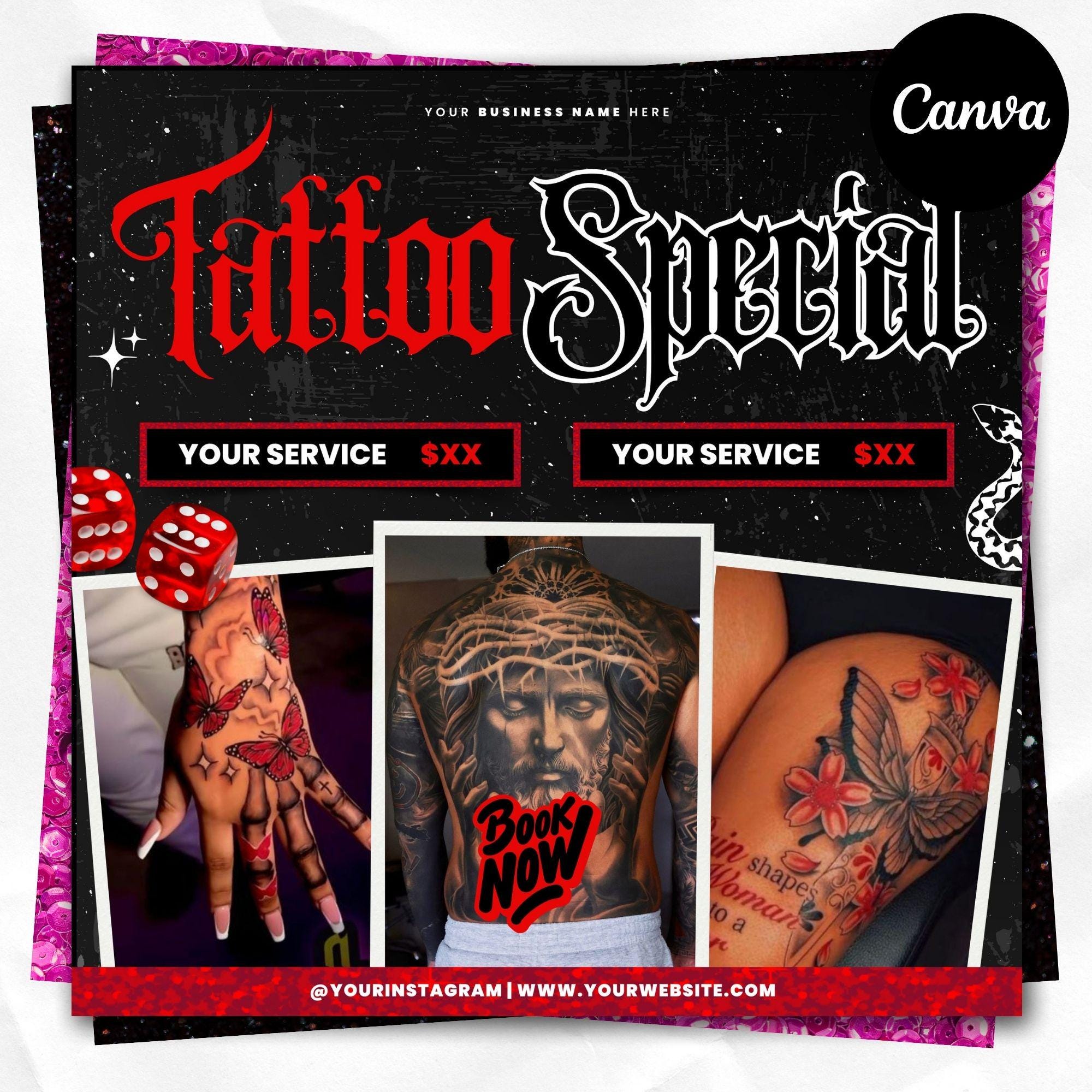 Tattoo Booking Flyer, Tattoo Special Editable Canva Template, Tattoo Shop Flyer, Tattoo Artist Instagram Flyer