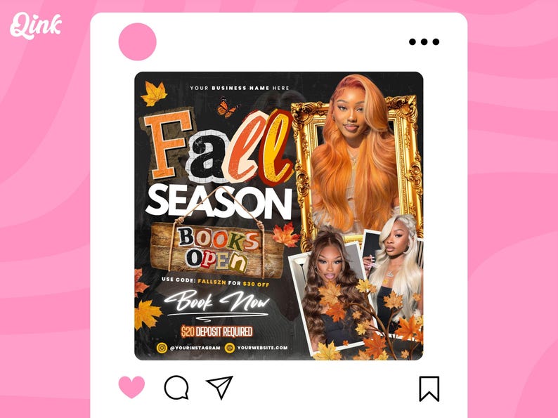 May include: An advertisement for Fall Season services. The image features the text "Fall Season" in orange and black, with "Books Open" on a wooden sign. It includes images of women with long hair and fall leaves. The ad also includes social media handles.