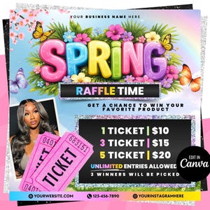 May include: A colorful spring-themed promotional graphic with the word "SPRING" in large, multi-colored letters. The graphic includes butterflies, flowers, and a raffle ticket design with the text "RAFFLE TIME".